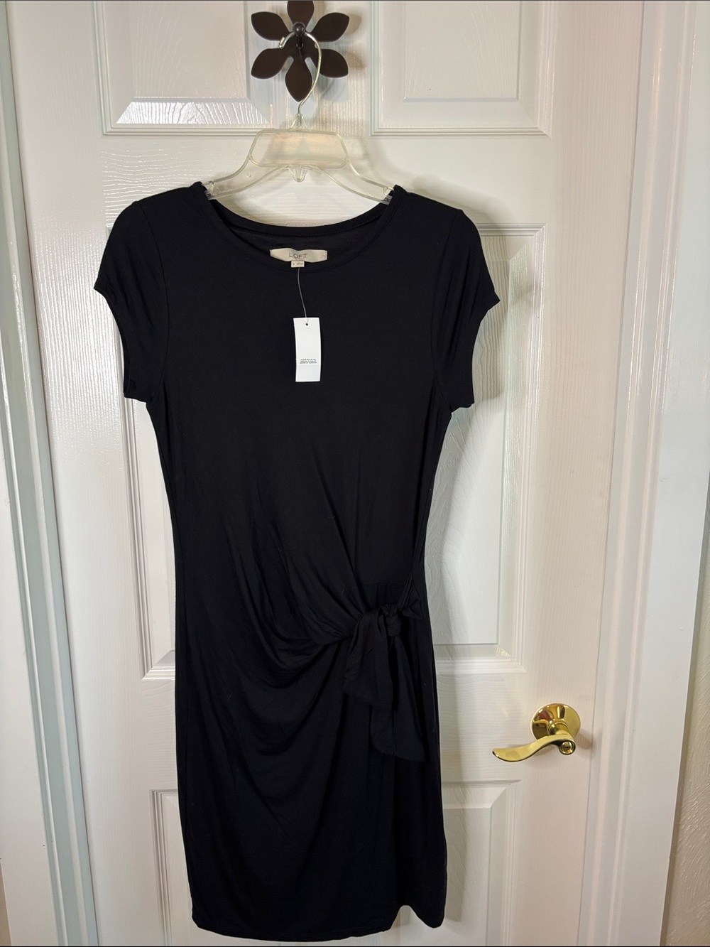 Loft Women's Black Tie-Waist Short Sleeve Dress Fully Lined Sz S NWT